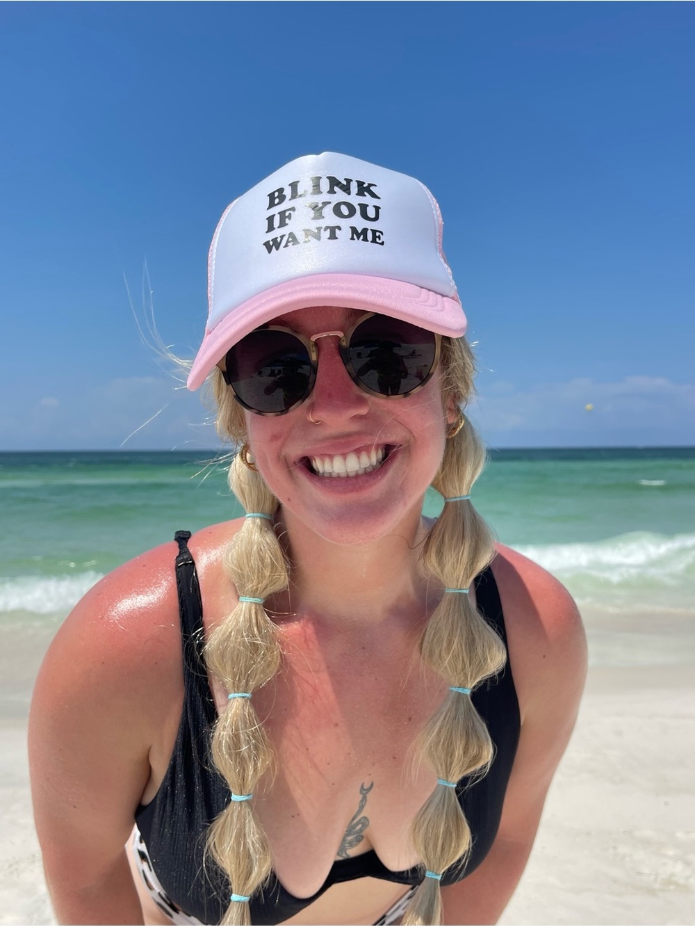 White and Pink Trucker Hat - "Blink If You Want Me"